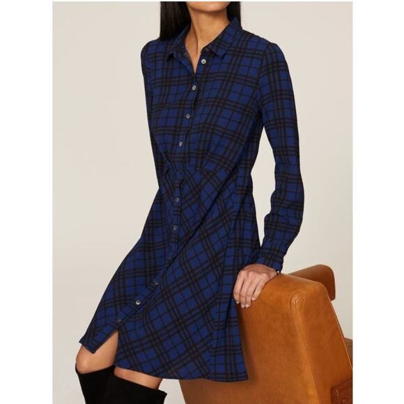 THAKOON Collective Blue Plaid Print Button Front Long Sleeves Shirt Dress Size 2 - Picture 2 of 12